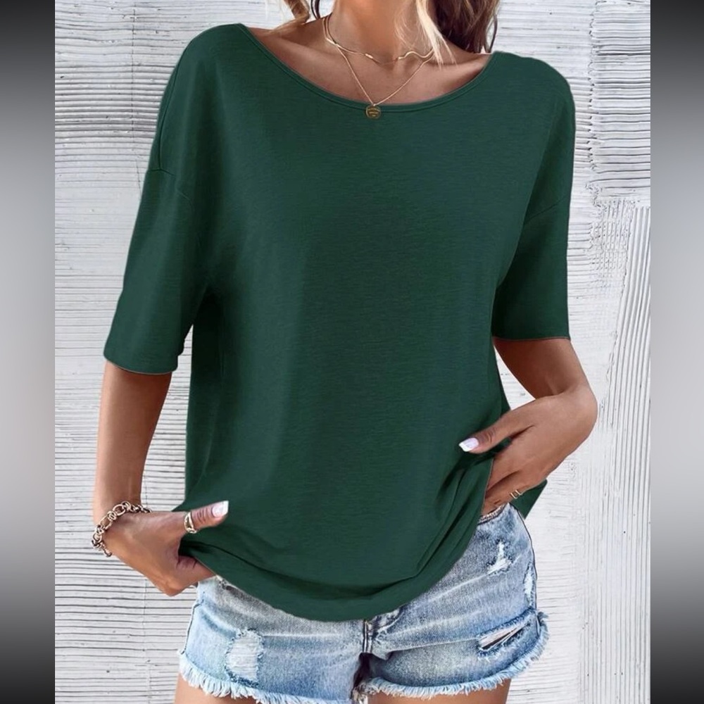 Classic Loose Fit Cut Out Back Batwing Sleeve Tee T Shirt Top Blouse Green - Picture 4 of 6